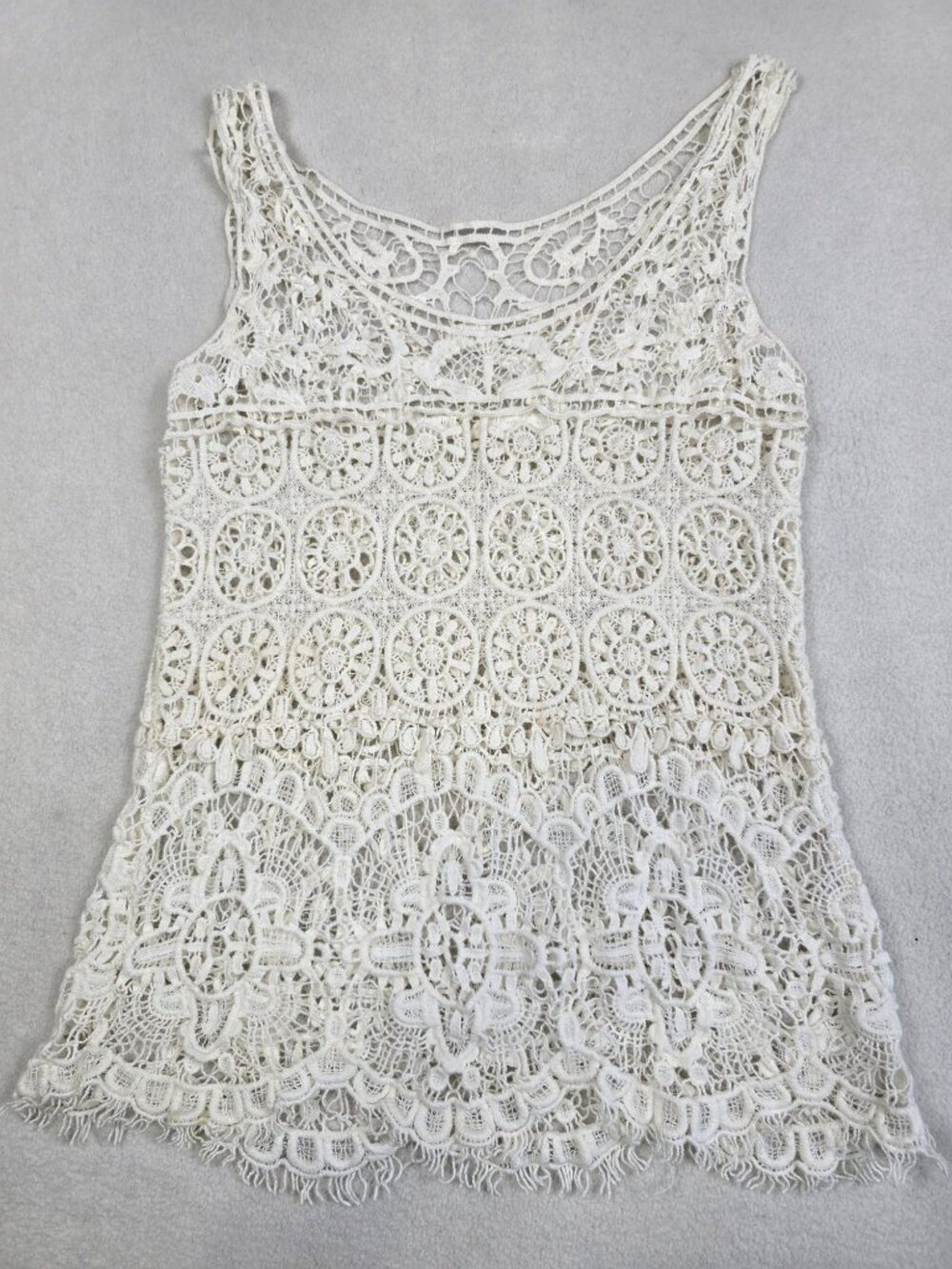 Boho Womens S/M Beachy Crochet Lace Tank Top Sleeveless Blouse White